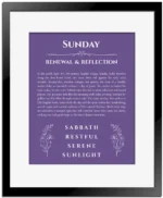 Sunday personalized wall art with the story of your name in purple with black matte frame