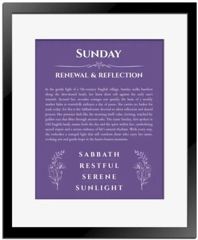 Sunday personalized wall art with the story of your name in purple with black matte frame
