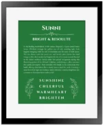 Sunni personalized wall art with the story of your name in dark green with black matte frame