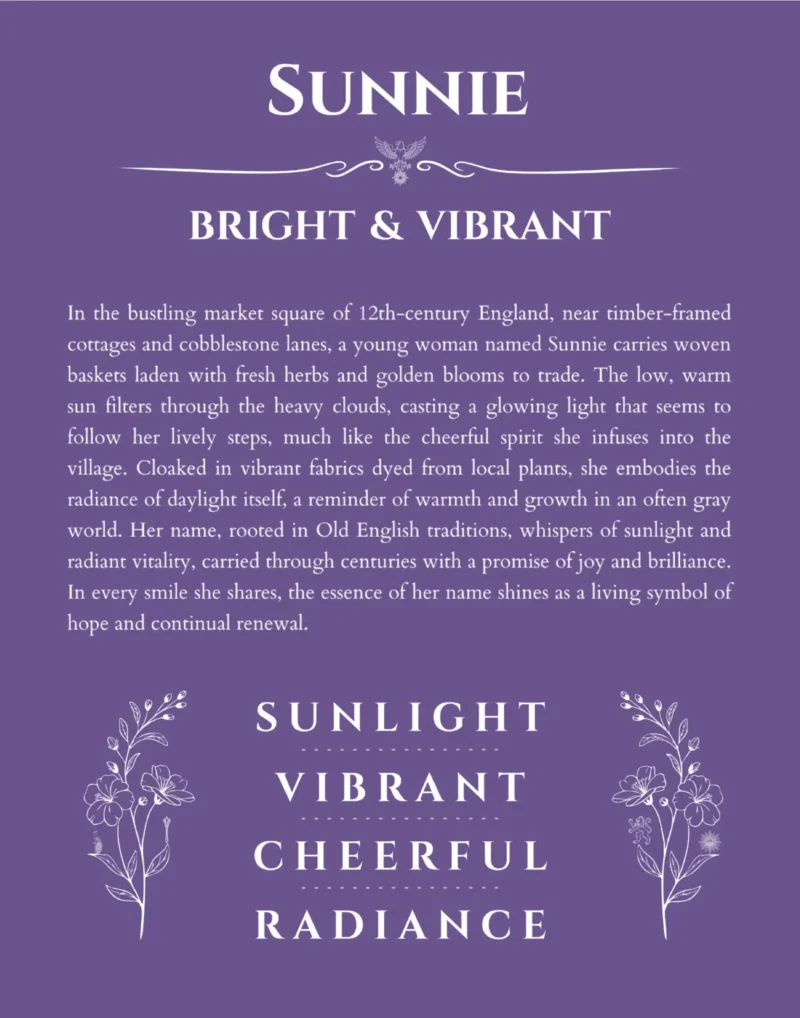 Sunnie name origin print with meaning and traits in purple
