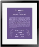 Sunnie name origin print with meaning and traits in purple with black matte frame