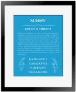Sunny personalized wall art with the story of your name in blue with black matte frame