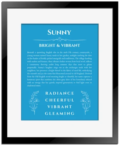 Sunny personalized wall art with the story of your name in blue with black matte frame