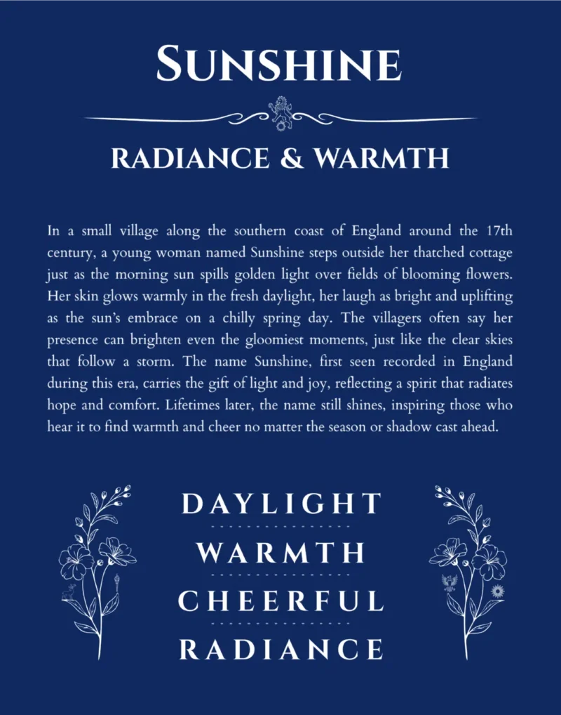 Sunshine personalized name art with origin story in deep blue