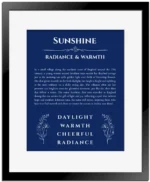 Sunshine personalized name art with origin story in deep blue with black matte frame