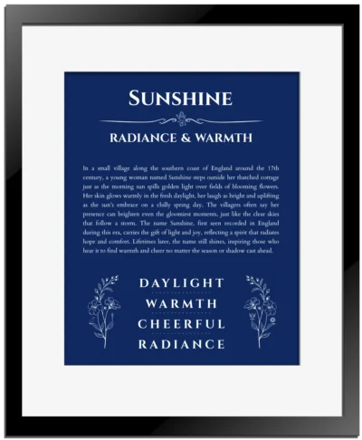 Sunshine personalized name art with origin story in deep blue with black matte frame