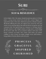 Suri personalized name art with origin story in gray