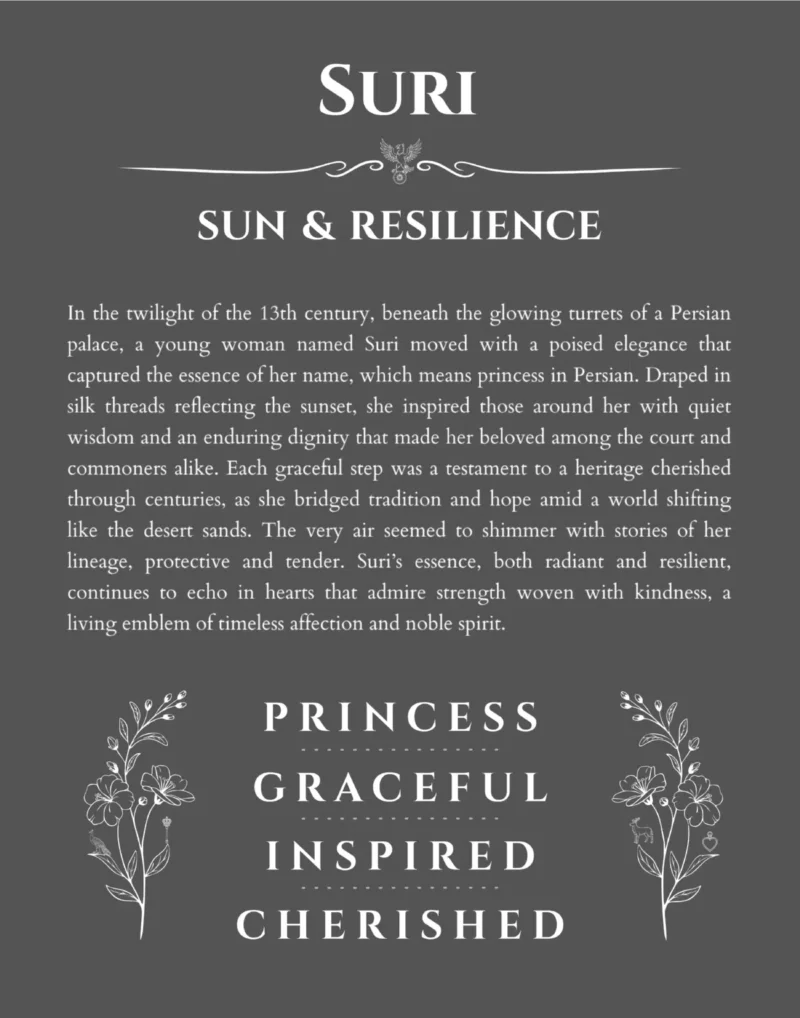 Suri personalized name art with origin story in gray