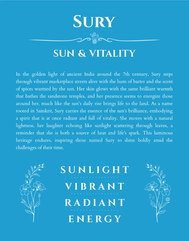 Sury custom name art showing meaning and origin in blue