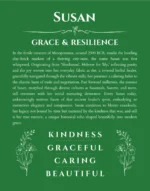 Susan name origin print with meaning and traits in dark green