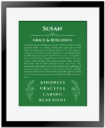 Susan name origin print with meaning and traits in dark green with black matte frame