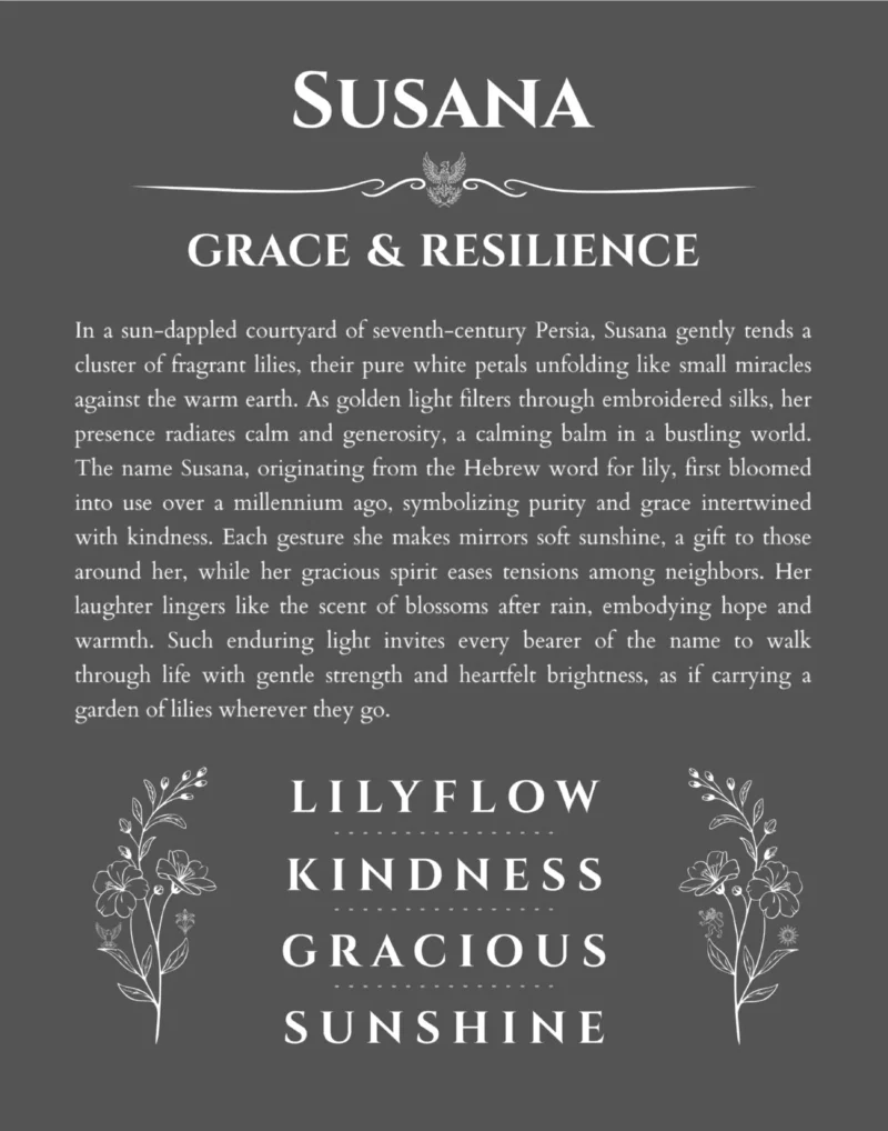 Susana custom name art showing meaning and origin in gray