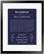 Susannah custom name meaning print in navy blue with black matte frame