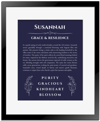 Susannah custom name meaning print in navy blue with black matte frame
