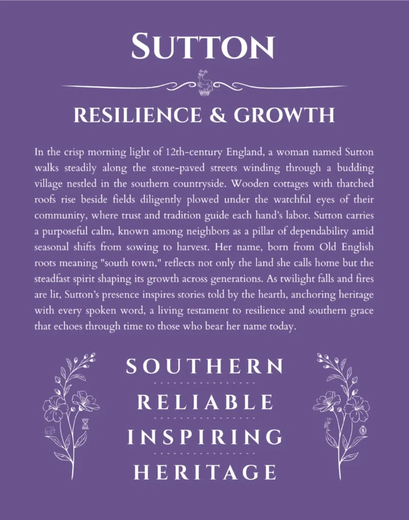 Sutton personalized name art with origin story in purple