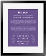 Sutton personalized name art with origin story in purple with black matte frame