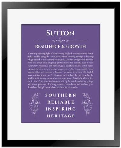 Sutton personalized name art with origin story in purple with black matte frame