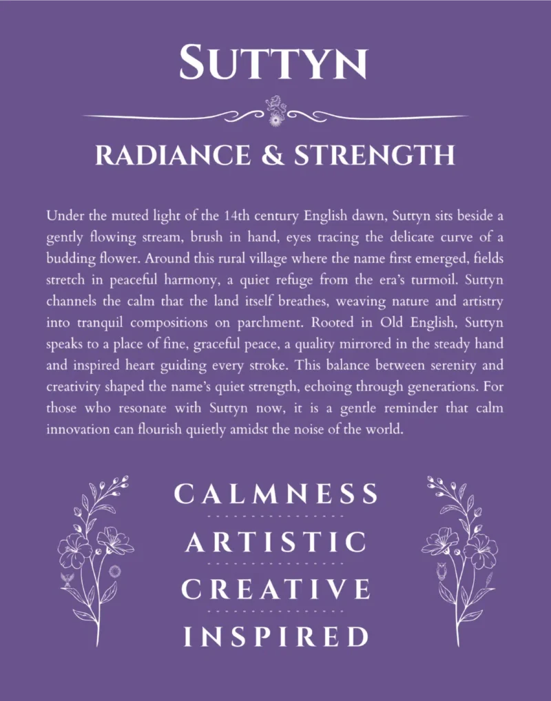 Suttyn name origin print with meaning and traits in purple