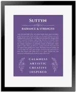 Suttyn name origin print with meaning and traits in purple with black matte frame