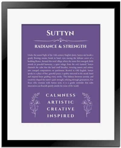 Suttyn name origin print with meaning and traits in purple with black matte frame