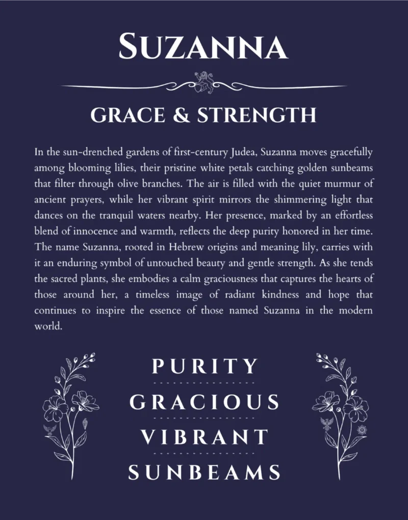 Suzanna custom name art showing meaning and origin in navy blue