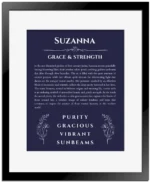 Suzanna custom name art showing meaning and origin in navy blue with black matte frame