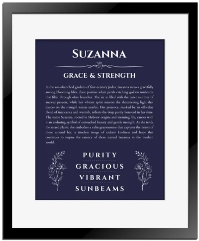 Suzanna custom name art showing meaning and origin in navy blue with black matte frame