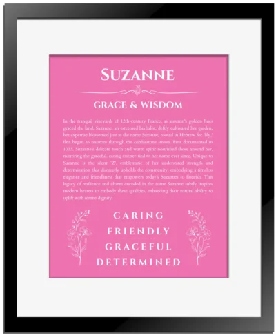 Suzanne custom name meaning print in pink with black matte frame