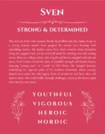 Sven personalized name print with origin and traits in red
