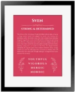 Sven personalized name print with origin and traits in red with black matte frame