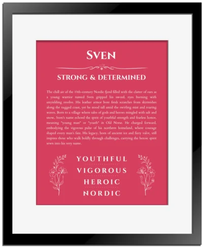 Sven personalized name print with origin and traits in red with black matte frame