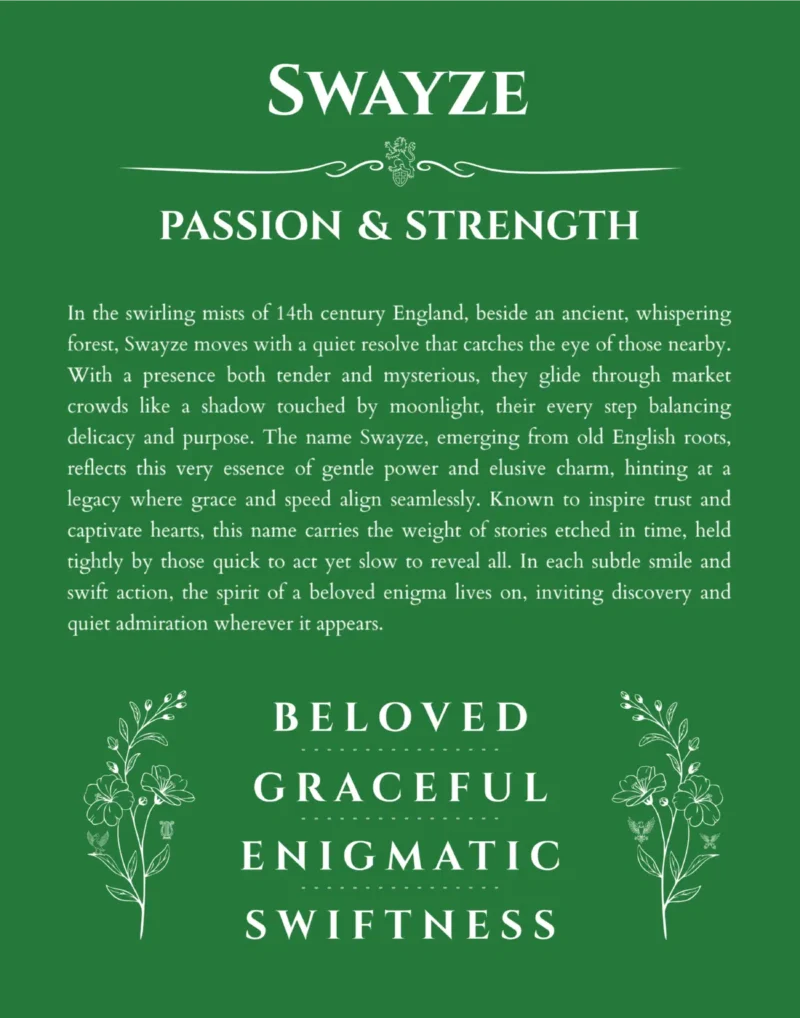 Swayze personalized wall art with the story of your name in dark green