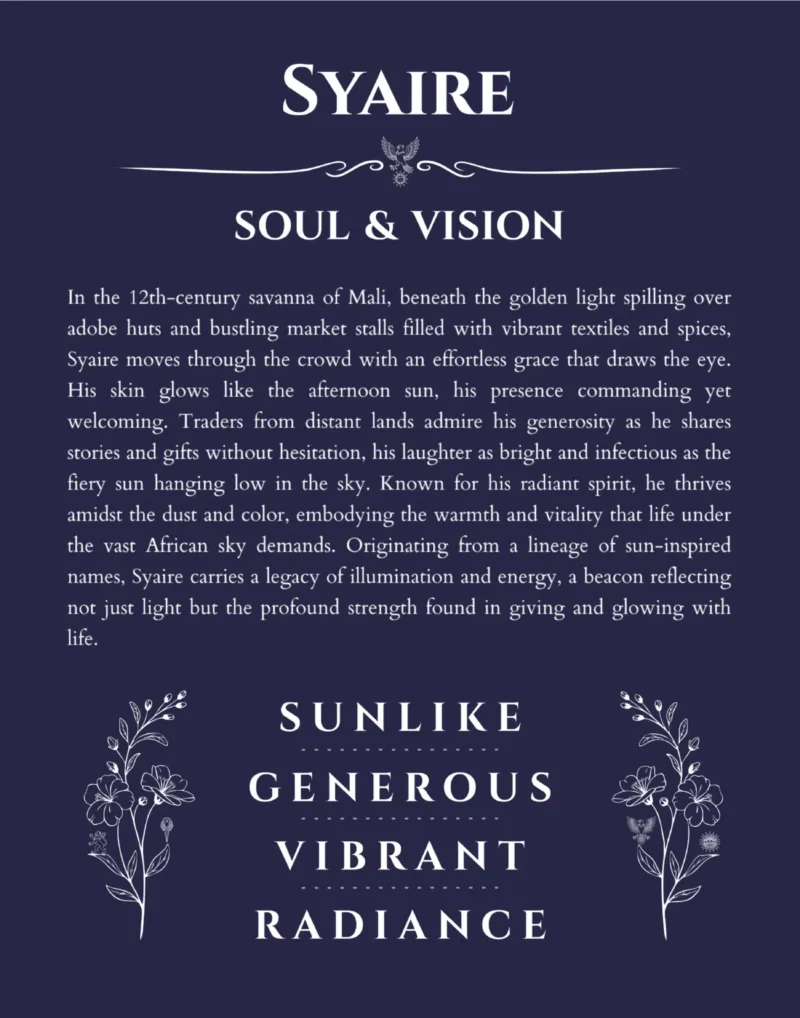 Syaire name origin print with meaning and traits in navy blue