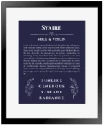 Syaire name origin print with meaning and traits in navy blue with black matte frame