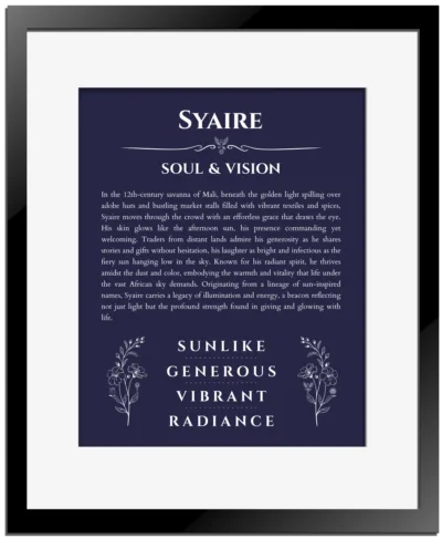 Syaire name origin print with meaning and traits in navy blue with black matte frame