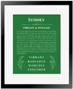 Sydney name meaning wall art by Get Your Story in dark green with black matte frame