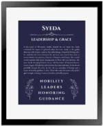 Syeda name meaning wall art by Get Your Story in navy blue with black matte frame