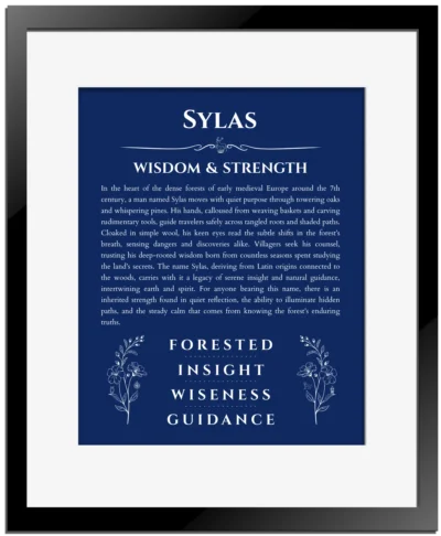 Sylas custom name art showing meaning and origin in deep blue with black matte frame