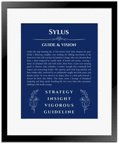 Sylus custom name print for wall display in deep blue with black matte frame