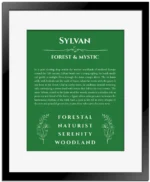 Sylvan name meaning gift print in dark green with black matte frame