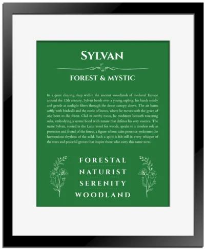 Sylvan name meaning gift print in dark green with black matte frame