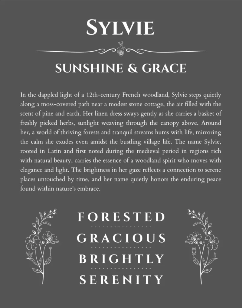 Sylvie personalized name print with origin and traits in gray