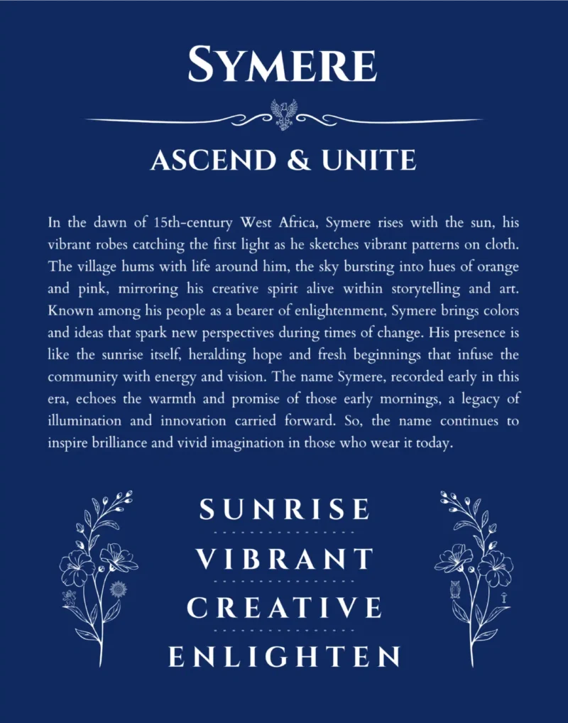 Symere name origin print with meaning and traits in deep blue