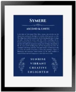 Symere name origin print with meaning and traits in deep blue with black matte frame