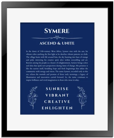 Symere name origin print with meaning and traits in deep blue with black matte frame