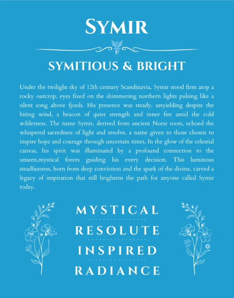 Symir personalized name art with origin story in blue