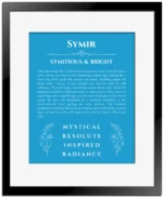 Symir personalized name art with origin story in blue with black matte frame