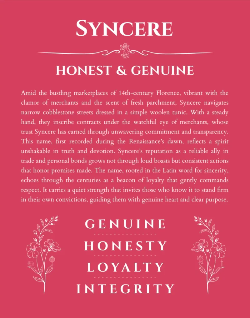 Syncere custom name art showing meaning and origin in red