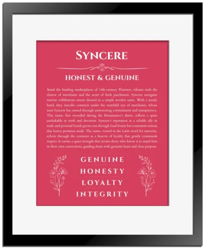Syncere custom name art showing meaning and origin in red with black matte frame