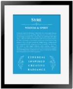 Syre personalized name art with origin story in blue with black matte frame